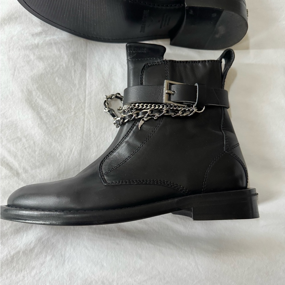 Black Leather Ankle Boots with Chain Detail